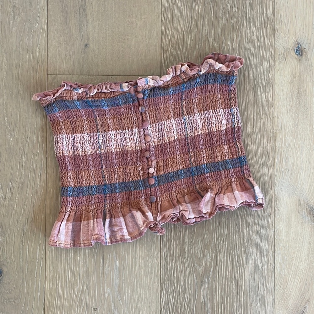 American Eagle Plaid Bandeau Top with Ruffled Ends and Faux Buttons